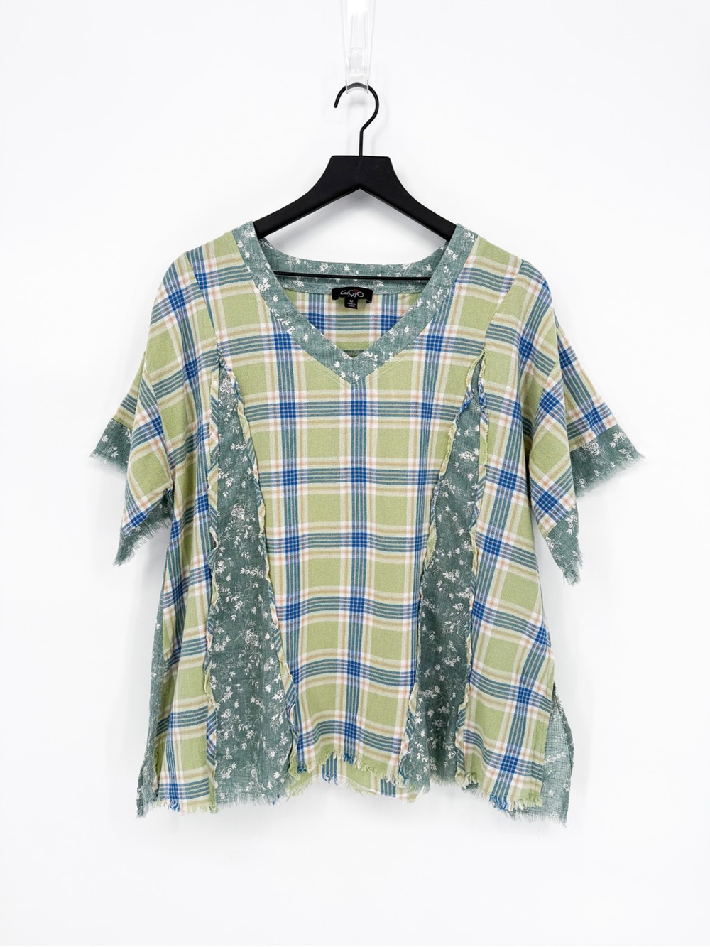 GIGIO Plaid Floral Mixed Media Raw Hem Top Cottagecore Boho Medium